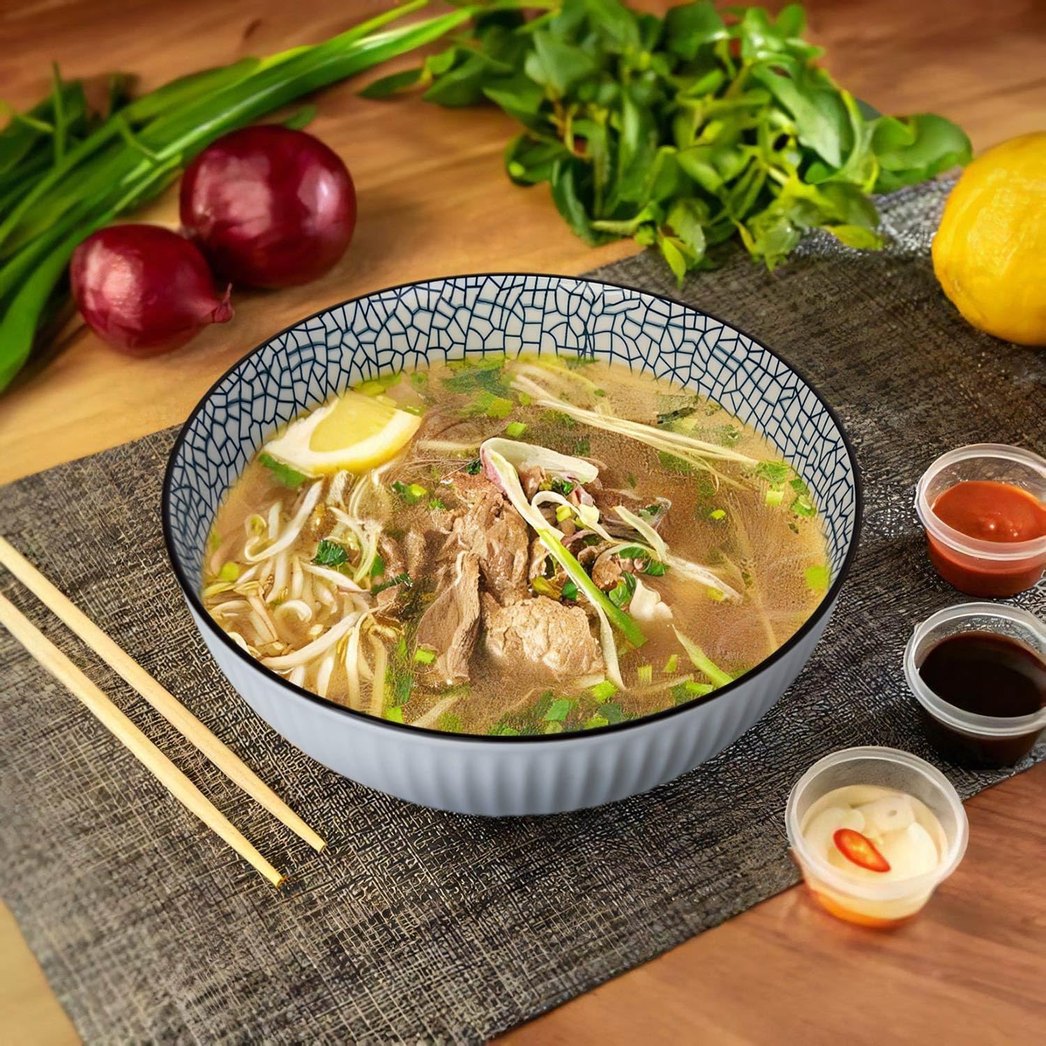 60 oz Large Soup Bowl, Pho Bowls, 8 Inch Blue and White Porcelain Japanese Ramen Bowls Set of 3 - Leaf Pattern