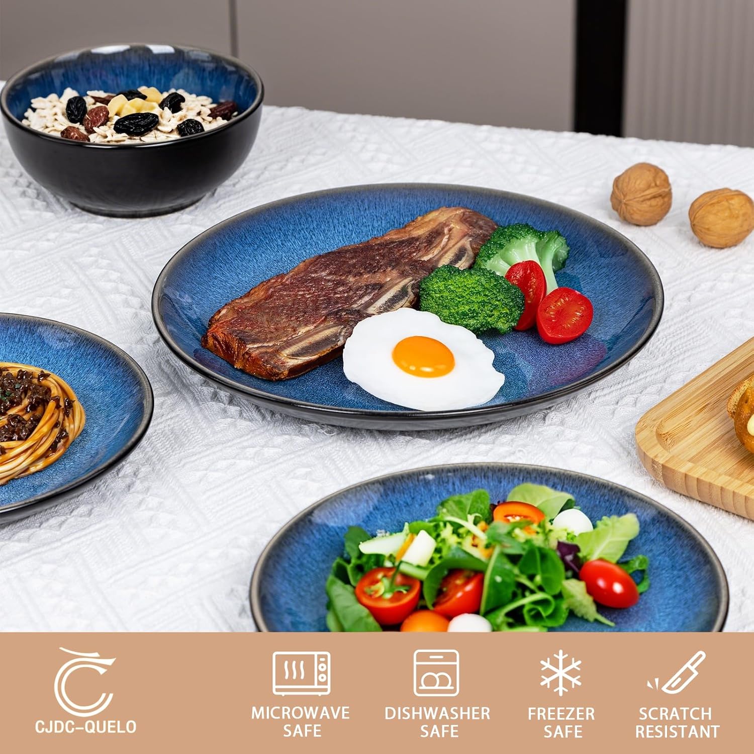 Plates and Bowls Sets for 6 - CJDC-QUELO 24-Piece Stoneware Dinnerware Sets, Ceramic Dishware Set for Indoor Kitchen Use and Formal Dining, Chip and Scratch Resistant Microwave Dishwasher Safe, Blue