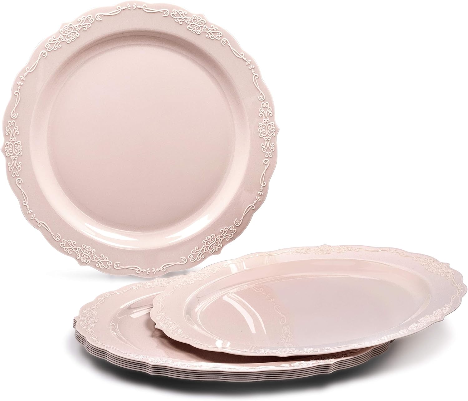 " OCCASIONS " 960 Piece set (120 Guests)-Vintage Wedding Party Disposable Plastic Plates & cutlery -120 x 10'' + 120 x 7.5'' + Silverware + Cups + Napkins (Verona in Blush/Antique Rose)