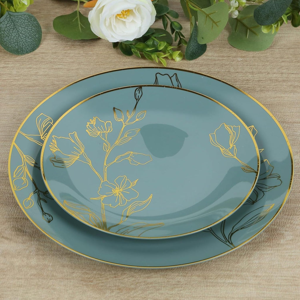 Dinner Plates Set for 20 Guests, Dusty Blue Plastic Party Plates With Metallic Gold Floral Design, 20x 8 inch inch Salad Plates + 20x 10 inch inch Dinner Plates