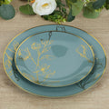 Dinner Plates Set for 20 Guests, Dusty Blue Plastic Party Plates With Metallic Gold Floral Design, 20x 8 inch inch Salad Plates + 20x 10 inch inch Dinner Plates