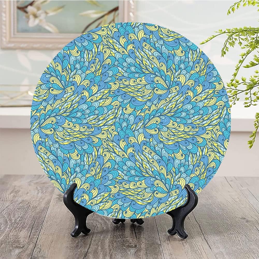Ceramic Display Plate, Yellow and Blue Ceramic Hanging Decorative Plate, Doodle Style Floral Swirls Curves Ornate, 10 Inch, Living Room Kitchen Decoration Household, Light Yellow Aqua Light Blue