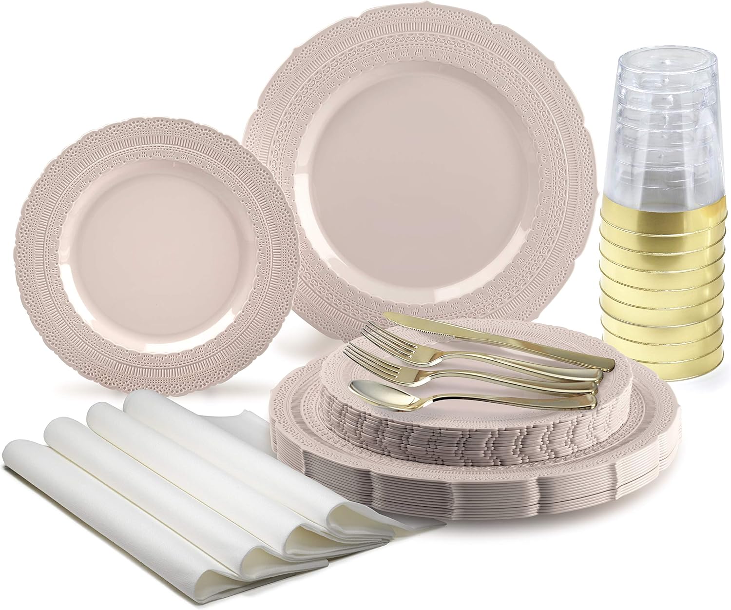 " OCCASIONS " 200pcs set (25 Guests)-Extra Heavyweight Vintage Wedding Disposable/Reusable Plastic Plates (25 x 11'' + 25 x 8.25'')+ Silverware + Cups + Napkins (Chateau in Pink Blush)