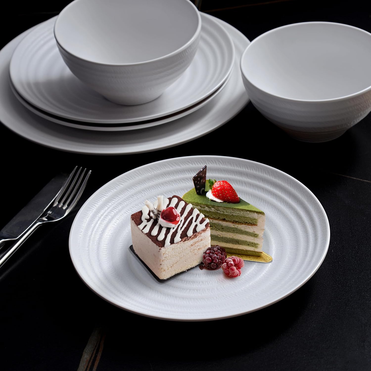 White Melamine Dinnerware Sets,12PCs Anti-scratch Dishes Set, Lightweight and Non breakable Dinnerware,Suit for Indoor and Outdoor Use, Dishwasher Safe,BPA free (Classic White)