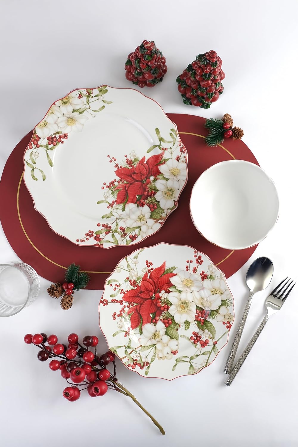222 Fifth Winter Harmony 12-Piece Porcelain Dinnerware Set for 4- Elegant White Plates and Bowls Set with Red Flower, Ceramic Dish Set for Holiday Dining & Christmas Gift, Beautiful Dishes for Parties
