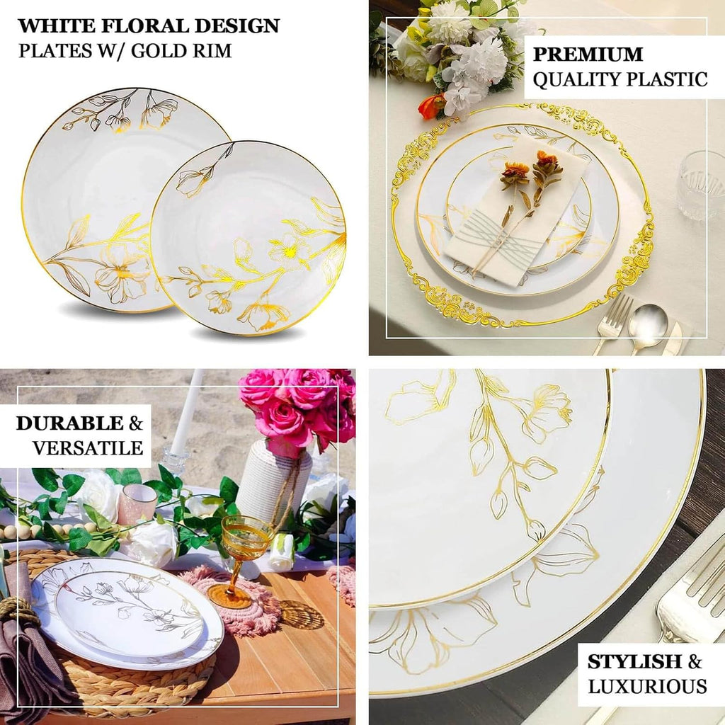 Dinner Plates Set for 20 Guests, Dusty Blue Plastic Party Plates With Metallic Gold Floral Design, 20x 8 inch inch Salad Plates + 20x 10 inch inch Dinner Plates