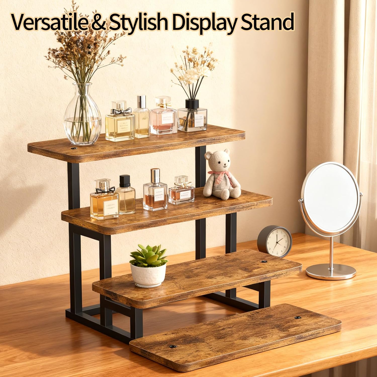 Cupcake Stand for 50 Cupcakes, 4 Tier Wooden Risers Display Stands Stepped Dessert Table Display Set with Metal Frame Tiered Tray Stand Serving Trays for Party Farmers Market Display