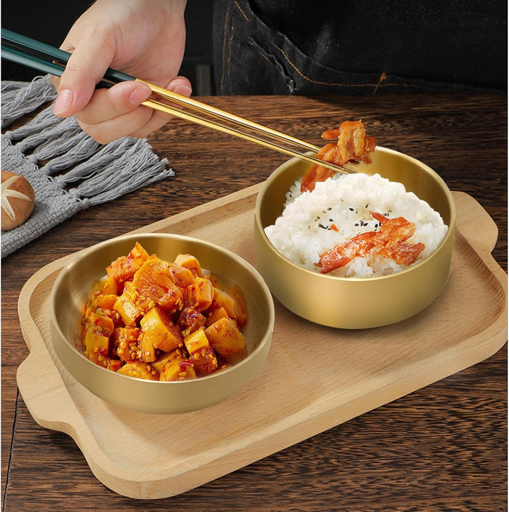 MDEOOSKY 4PCS Large Stainless Steel Sauce Dish 4.72inch Appetizer Plates Double-Deck Plates 304 Stainless Steel Plates for Oil Vinegar Juice Salad Appetizer Side Dish Ketchup (Gold 4.72IN)