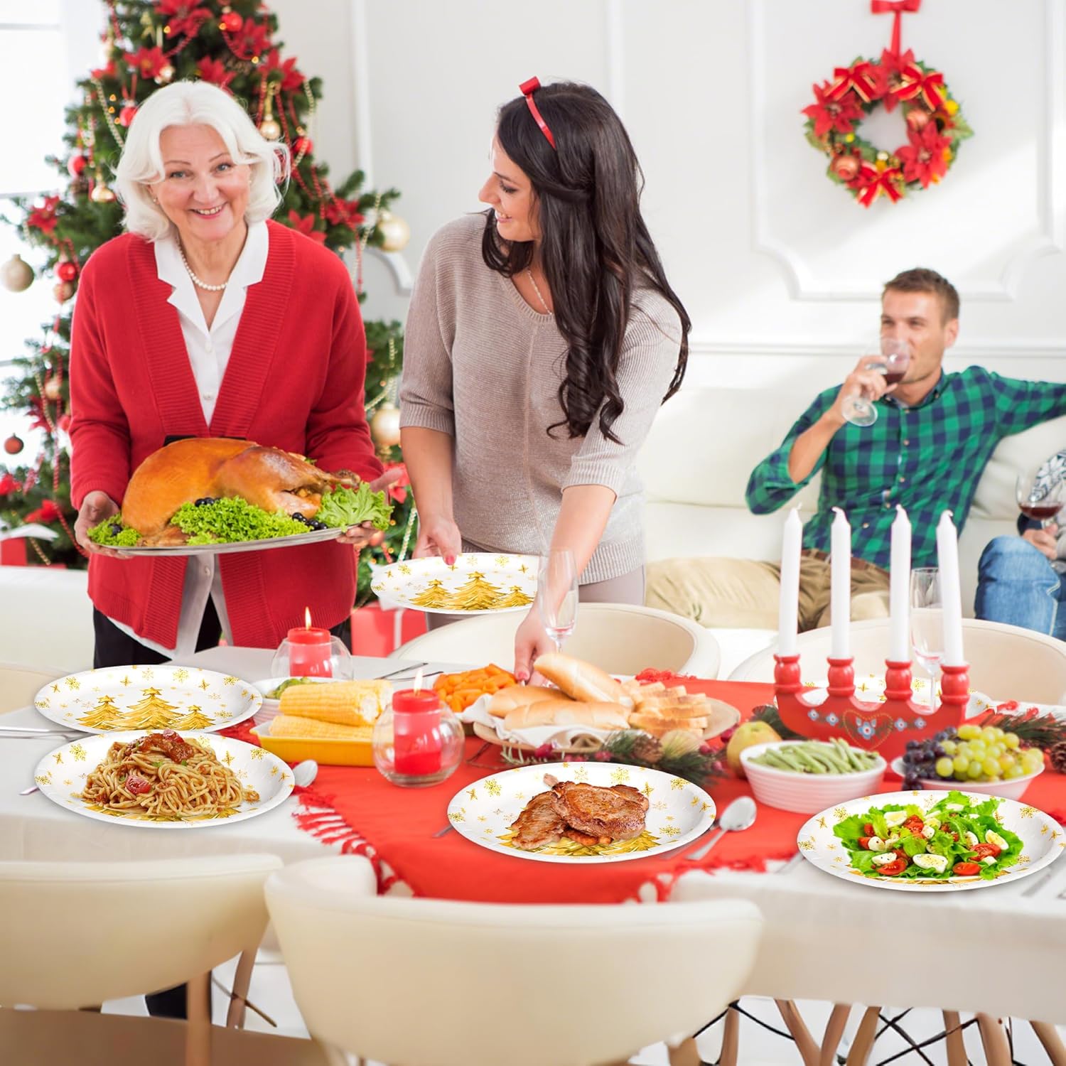 48 Pcs Christmas Oval Paper Plates 11" Large Disposable Heavy Duty Gold Christmas Tree Dessert Plates Xmas Dinnerware Serving Tray for Winter Holiday Party Tableware Supplies