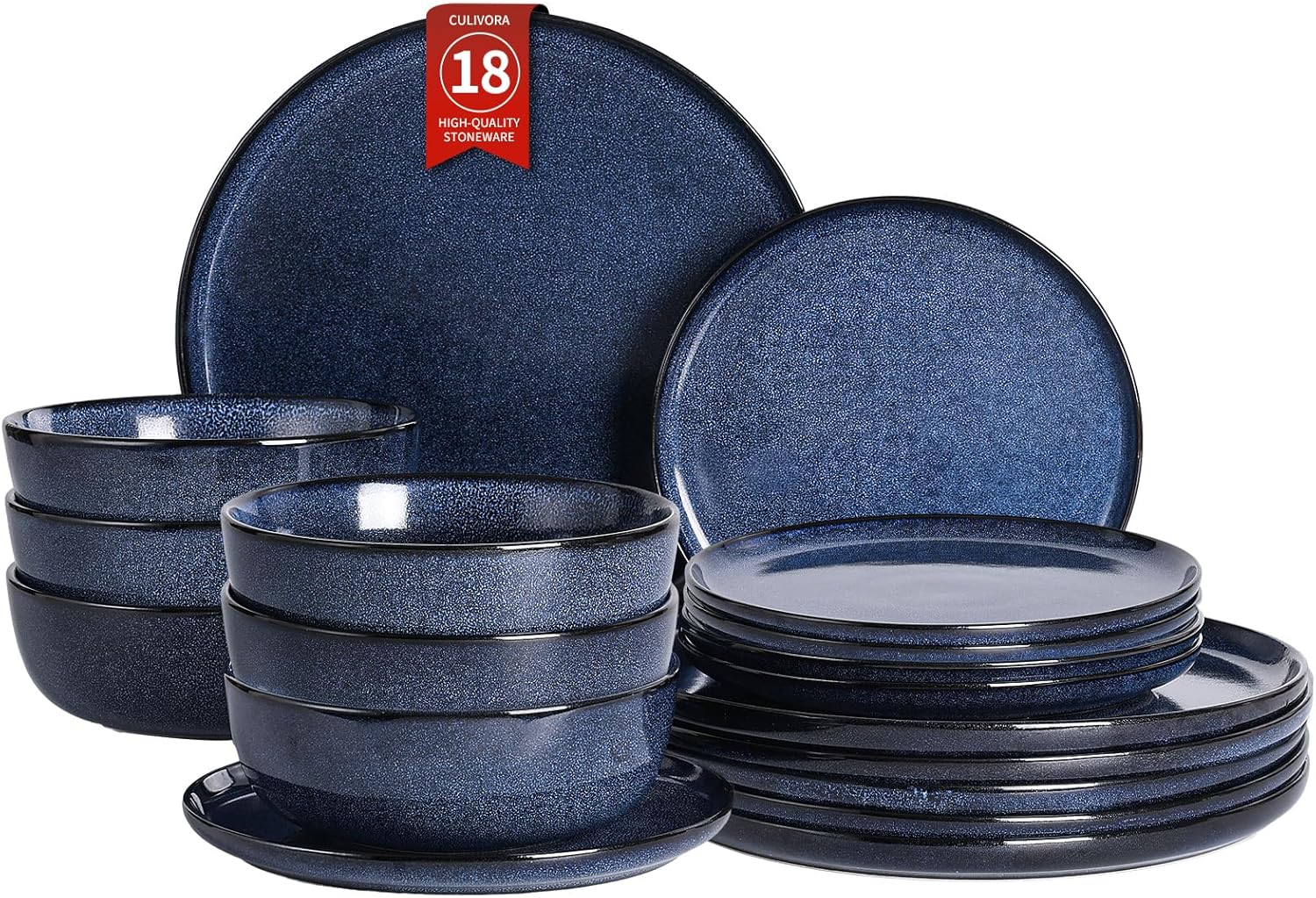 Ceramic Plates and Bowls Sets: 18 Piece Porcelain Dinnerware Sets, Stoneware Kitchen Dishes Set for 6, Scratch Resistant Plate Set, Microwave Dishwasher Oven Safe, Reactive Glaze (Blue)