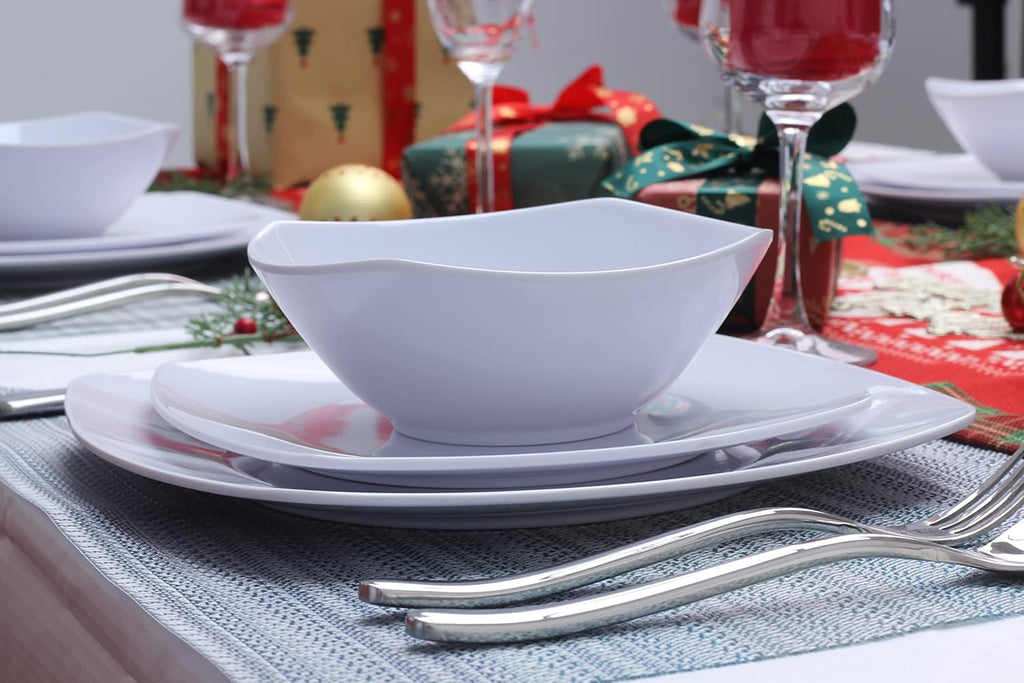 Melamine Dinnerware Sets, Square Dinnerware Sets, White Color Plates and Bowls Sets for 4, Unbreakable Dishwasher Safe BPA Free