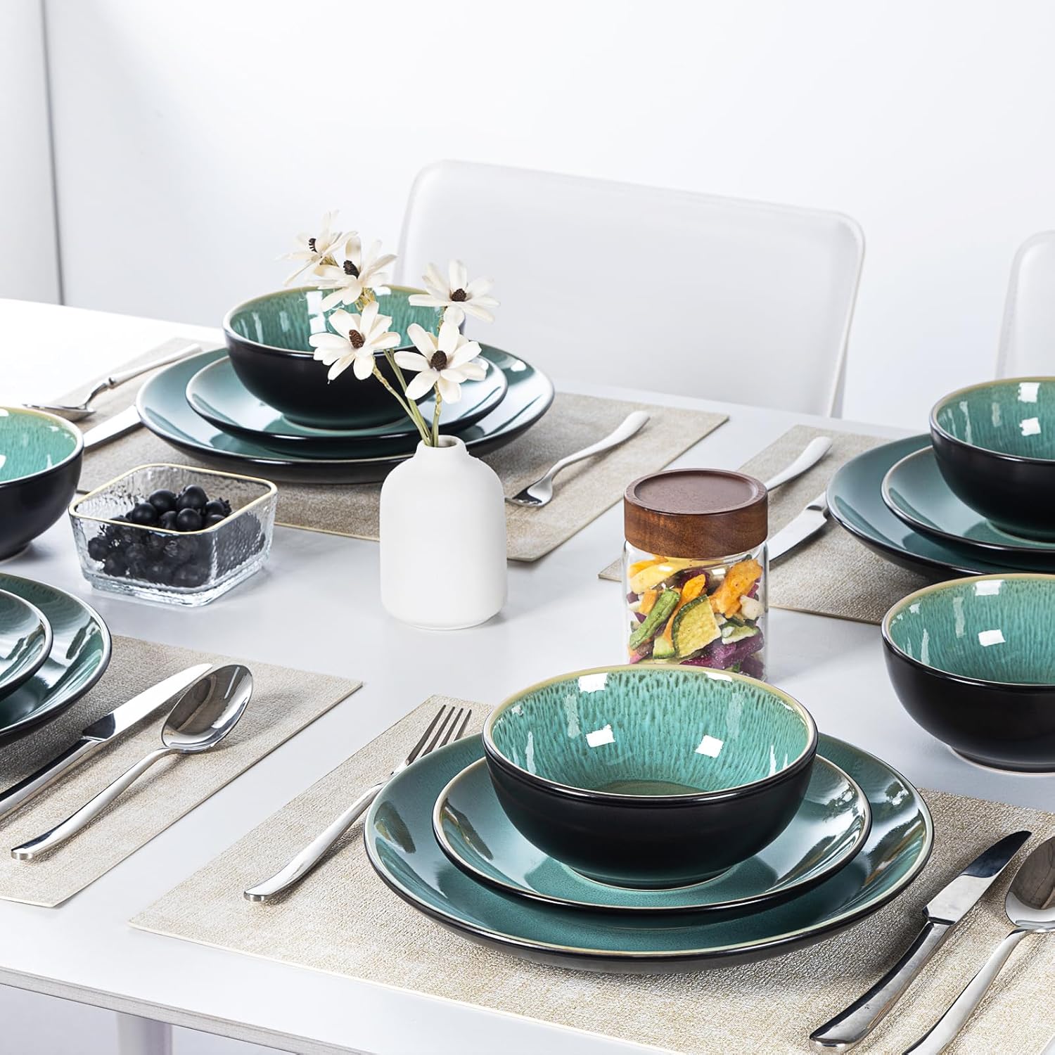 Plates and Bowls Sets for 6 - CJDC-QUELO 24-Piece Stoneware Dinnerware Sets, Ceramic Dishware Set for Indoor Kitchen Use and Formal Dining, Chip and Scratch Resistant Microwave Dishwasher Safe, Green