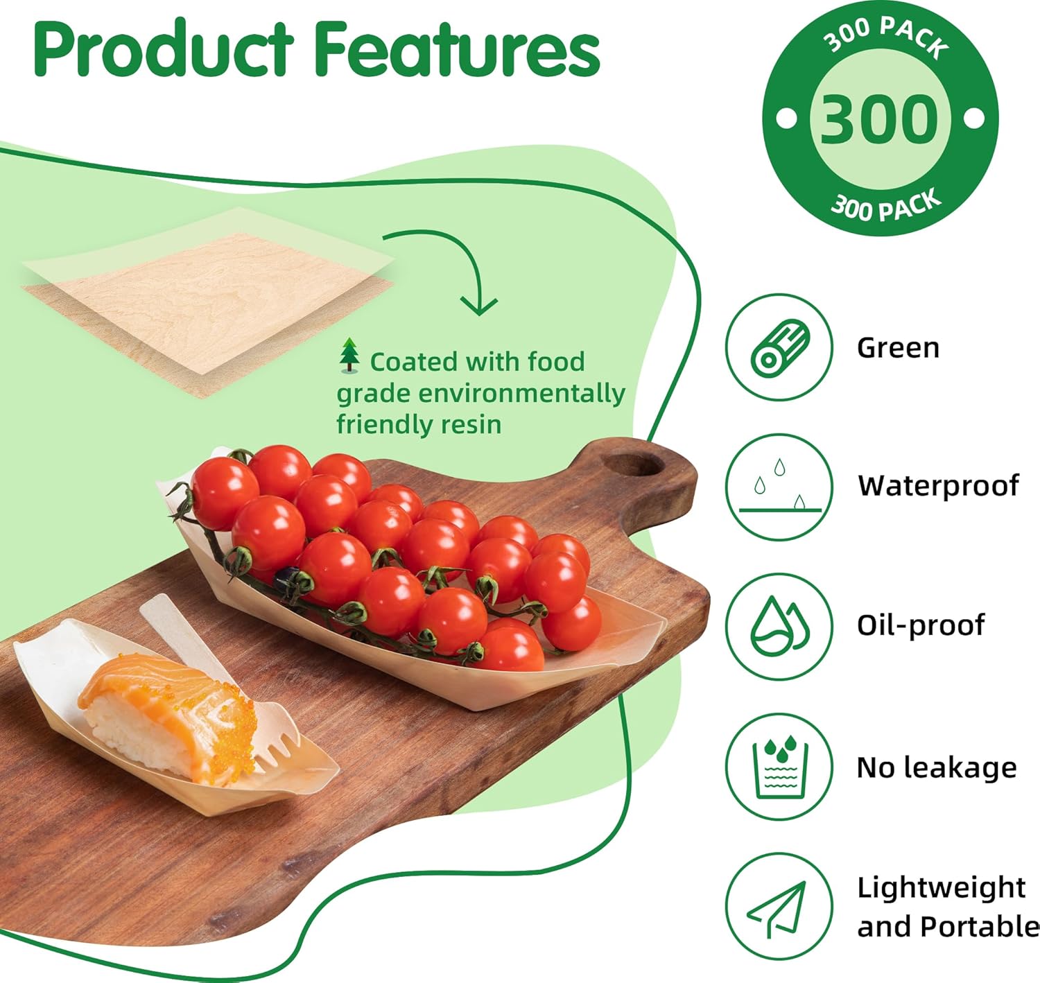 300-Pack Wooden Disposable Plates 7 IN Boat Plates Food Trays Disposable Sushi Plates Food Boats for Party Weddings Picnic (Actual Size Used: 3.94" D x 2.28" W x 0.79" H)