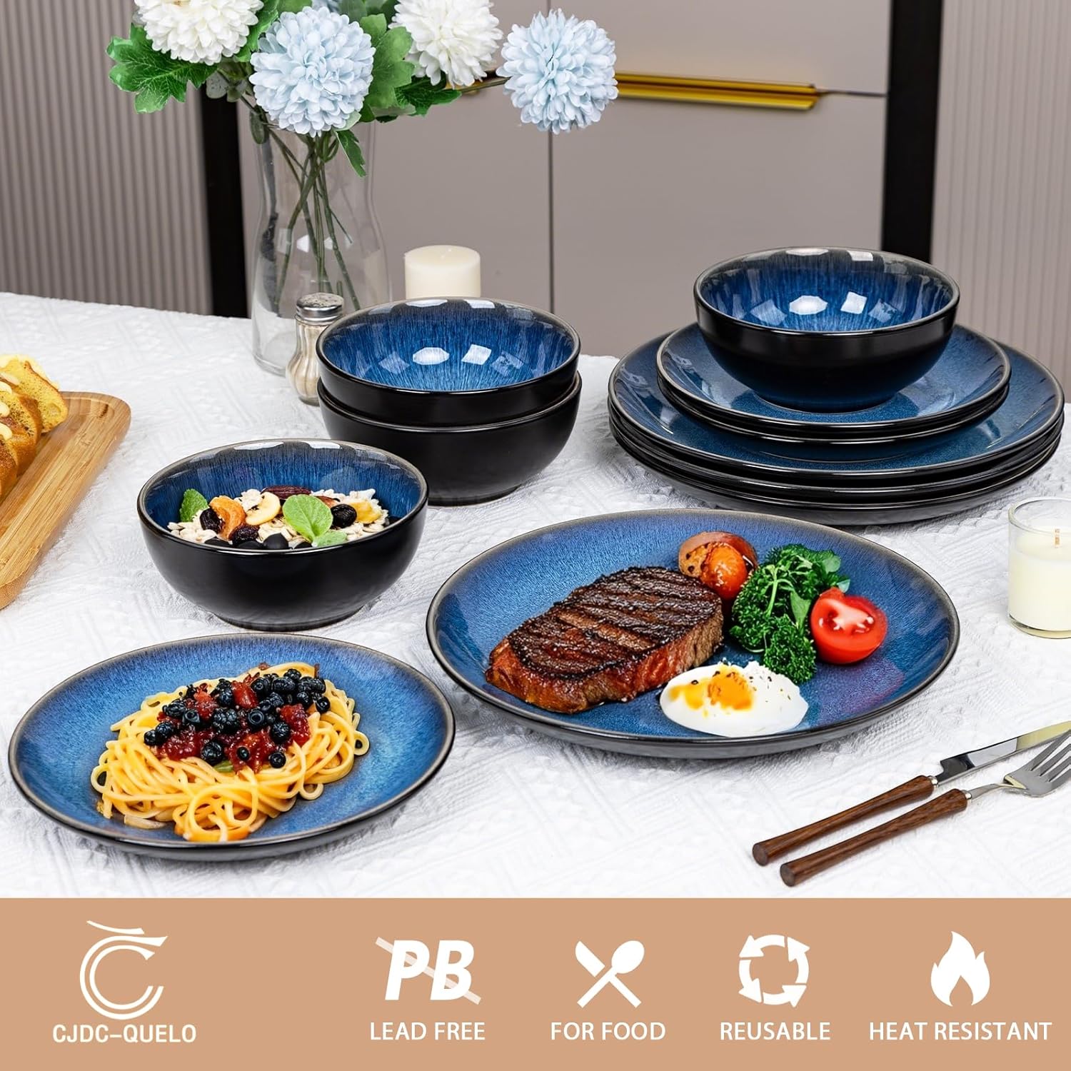 Plates and Bowls Sets for 6 - CJDC-QUELO 24-Piece Stoneware Dinnerware Sets, Ceramic Dishware Set for Indoor Kitchen Use and Formal Dining, Chip and Scratch Resistant Microwave Dishwasher Safe, Blue