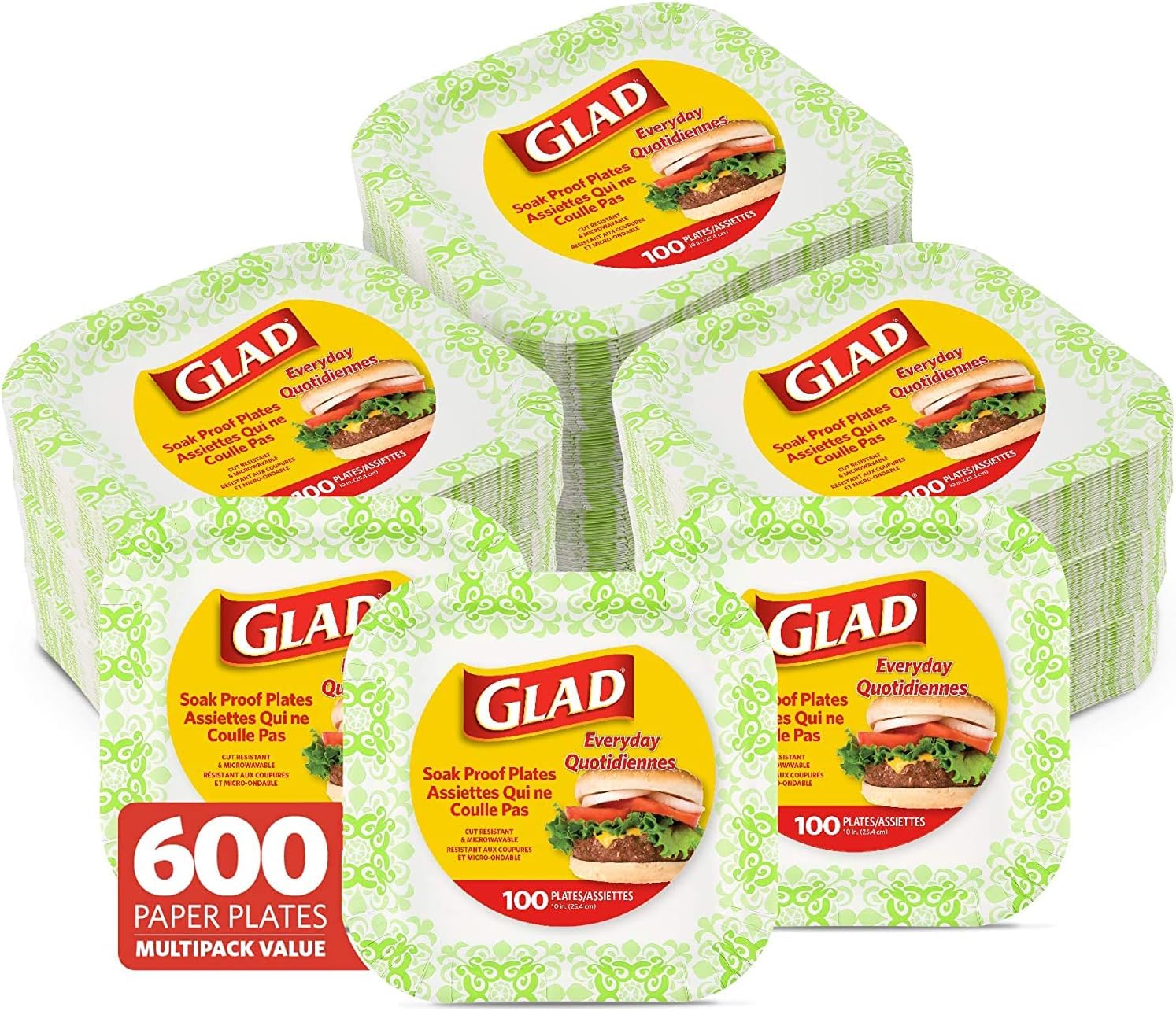 Glad Square Disposable Paper Plates for All Occasions | Soak Proof, Cut Proof, Microwaveable Heavy Duty Disposable Plates | 10" Diameter, 600 Count Bulk Paper Plates