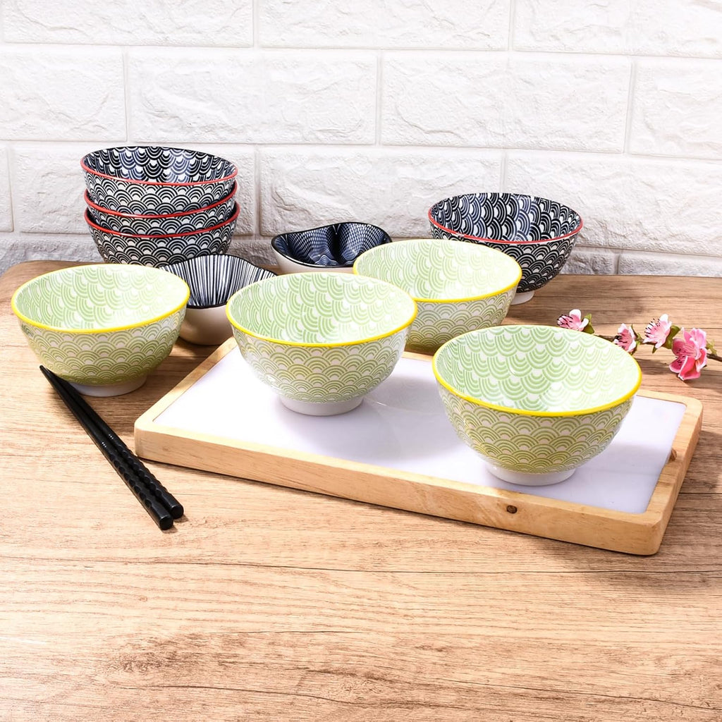 4.5" Ceramic Rice Bowl, Set of 4, Japanese Threaded Bowl, Dessert, Snack, Cereal, Rice, Kitchenware (GBL)