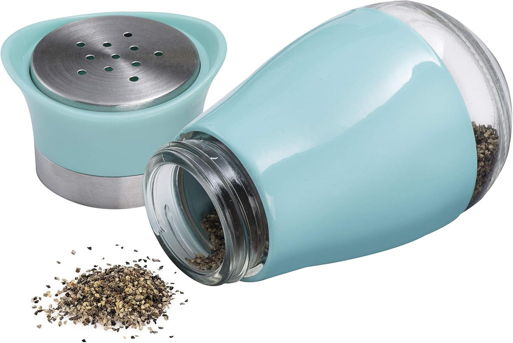 MITBAK Salt and Pepper Shakers (2-Pc. Set) Elegant w/Clear Glass Bottom | Compact Cooking, Kitchen and Dining Room Use | Classic, Refillable Design (Blue)