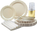 " OCCASIONS " 320 Pieces set (40 Guests)-Vintage Wedding Party Disposable Plastic Plates & cutlery -40 x 10'' + 40 x 7.5'' + Silverware + Cups + Napkins (Verona Plain Ivory)