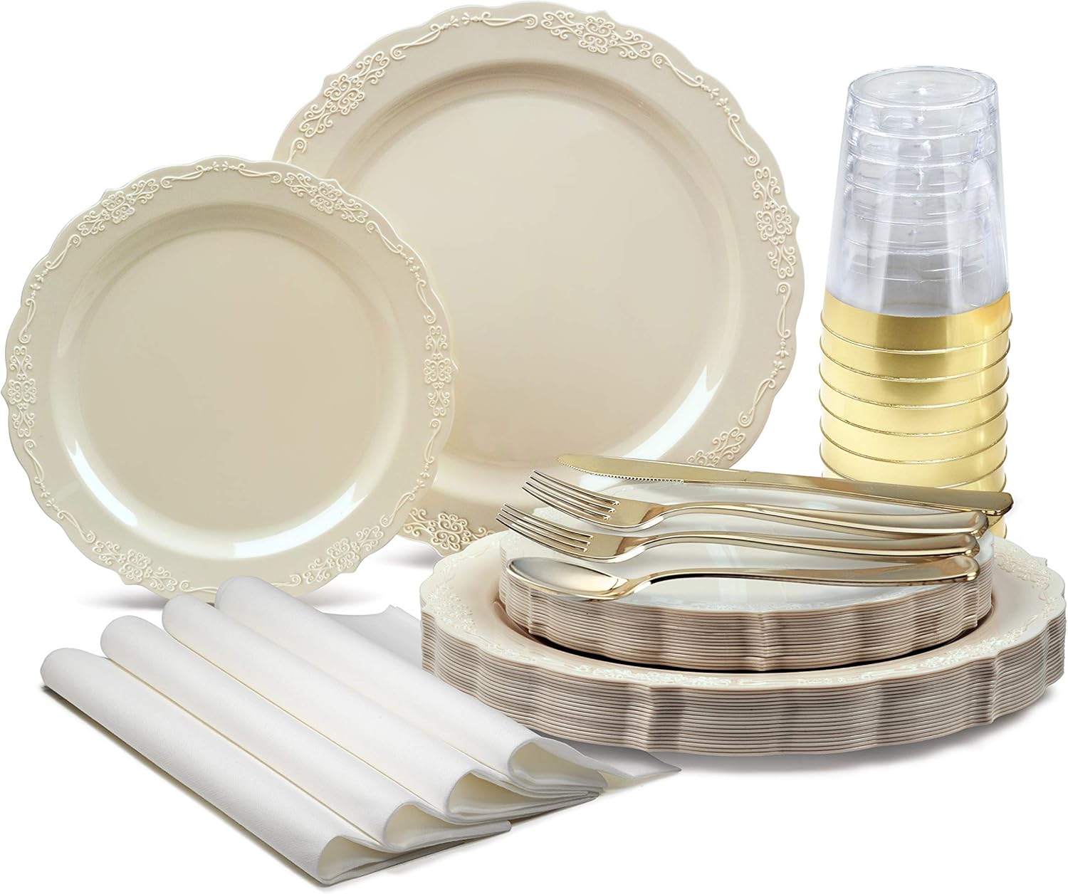 " OCCASIONS " 320 Pieces set (40 Guests)-Vintage Wedding Party Disposable Plastic Plates & cutlery -40 x 10'' + 40 x 7.5'' + Silverware + Cups + Napkins (Verona Plain Ivory)