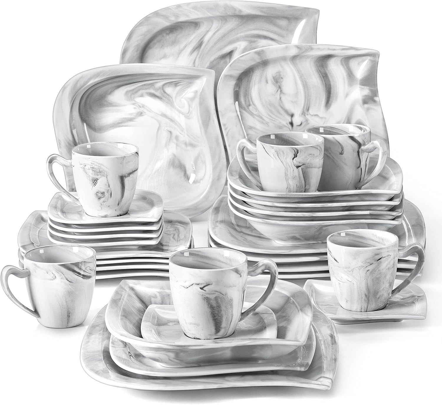 MALACASA Marble Grey Dinnerware Sets, 30-Piece Porcelain Dinnerware Set, Modern Plates and Bowls Set with Dinner Plate, Dessert Plate and Salad Pasta Bowl, Cup and Saucer, Service for 6, Series Elvira