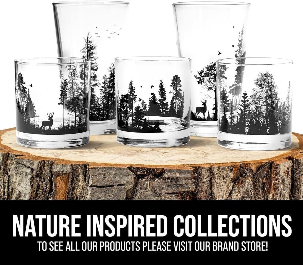 Black Lantern Set of 4 Whiskey Glasses - Nature Themed Drinking Glasses - Set of Four 11oz. Glasses - Premium Rock Glass Set for Whisky Scotch Cocktails and Bourbon (Forest Landscape)