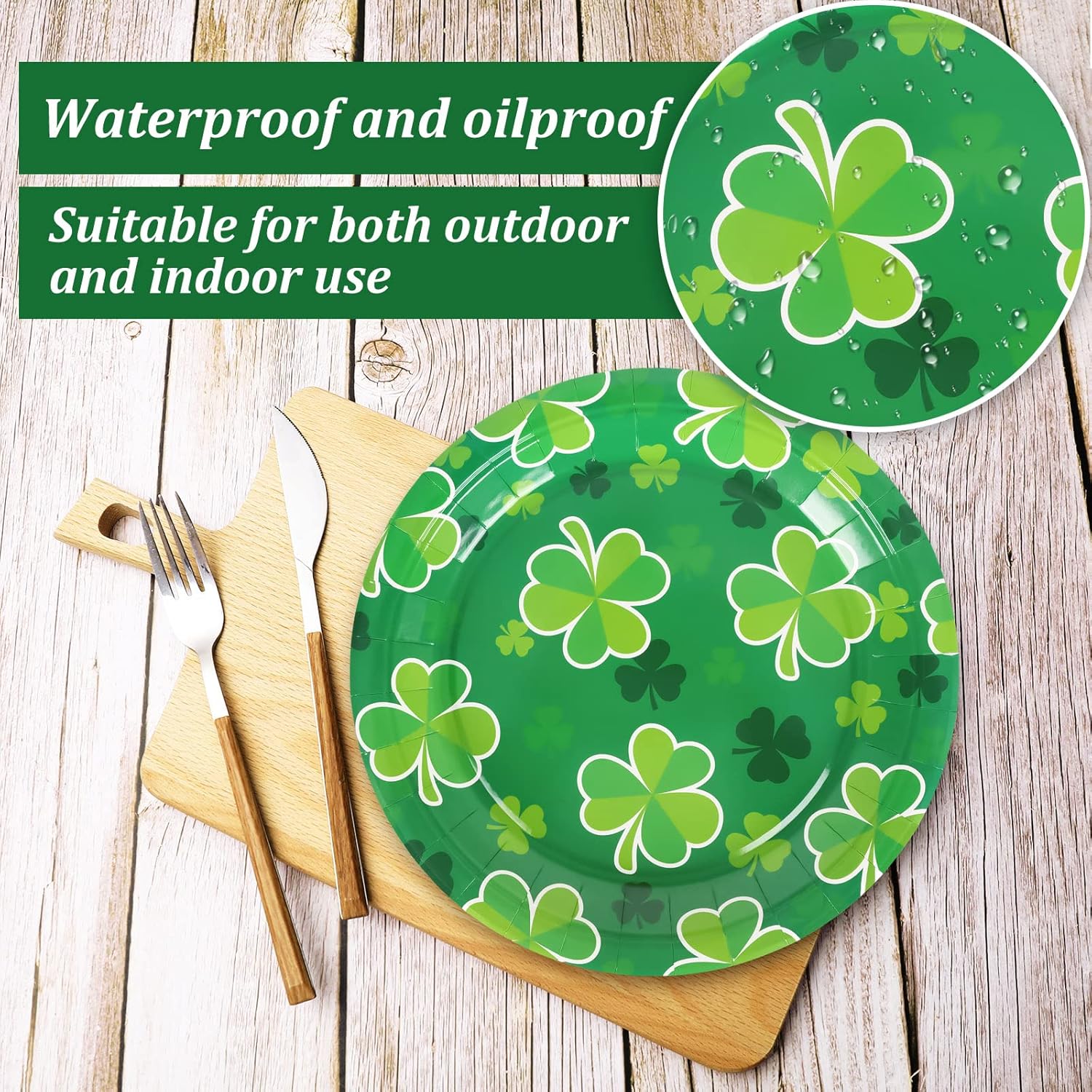 Whaline St. Patrick's Day Paper Plates 9 Inch Green Shamrock Round Disposable Plates Lucky Clover Decorative Tableware for Irish Holiday Birthday Party Supplies Table Decorations, 24Pcs
