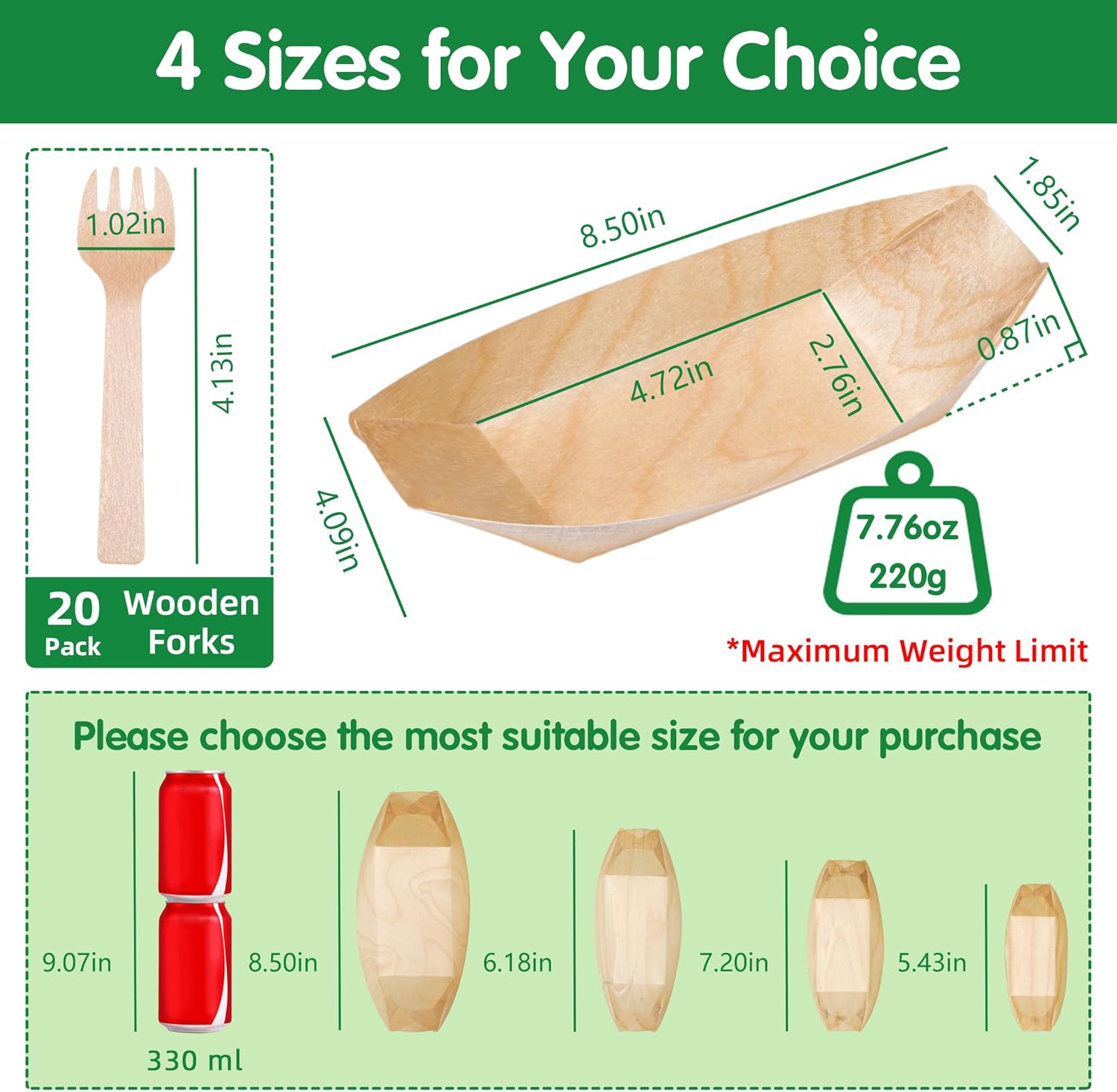 100-Pack Wooden Disposable Plates 8 IN Boat Plates Food Trays Disposable Dessert Plates Disposable Food Boats for Party Weddings Picnic (Actual Size Used: 4.72" D x 2.76" W x 0.87" H)