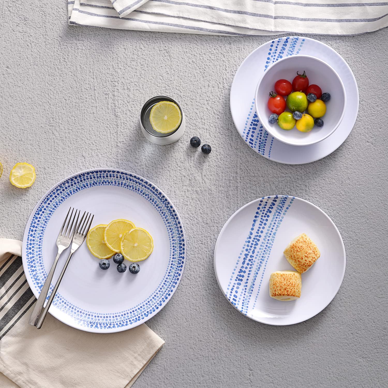 Melamine Dinnerware Sets, 12Pcs Plates and Bowls Sets Dinnerware Sets for 4, Unbreakable Dish Set for Indoor and Outdoor Use, Dishwasher Safe Raindrops Design