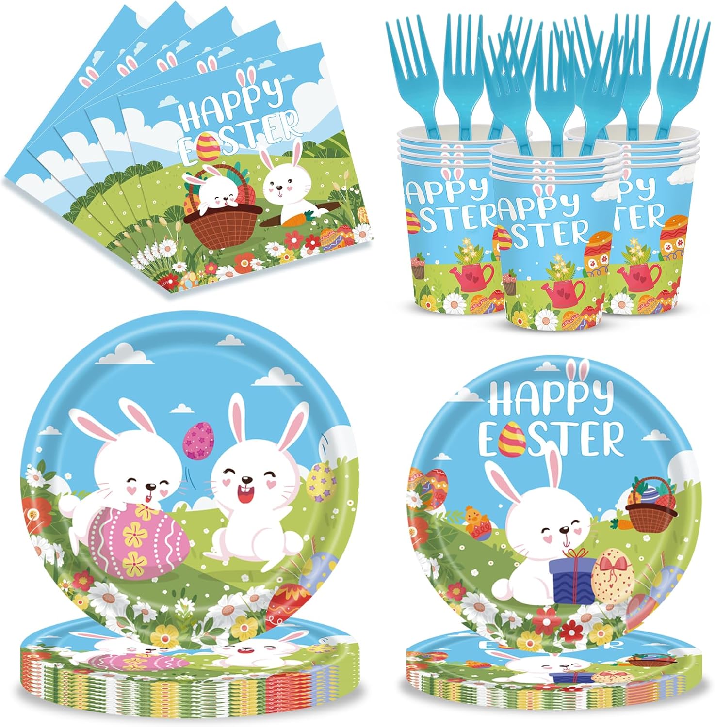 120pcs Easter Plates and Napkins Tableware Set, Happy Easter Disposable Plates Napkins Forks and Cups for Bunny Party Decorations and Supplies, Serve 24