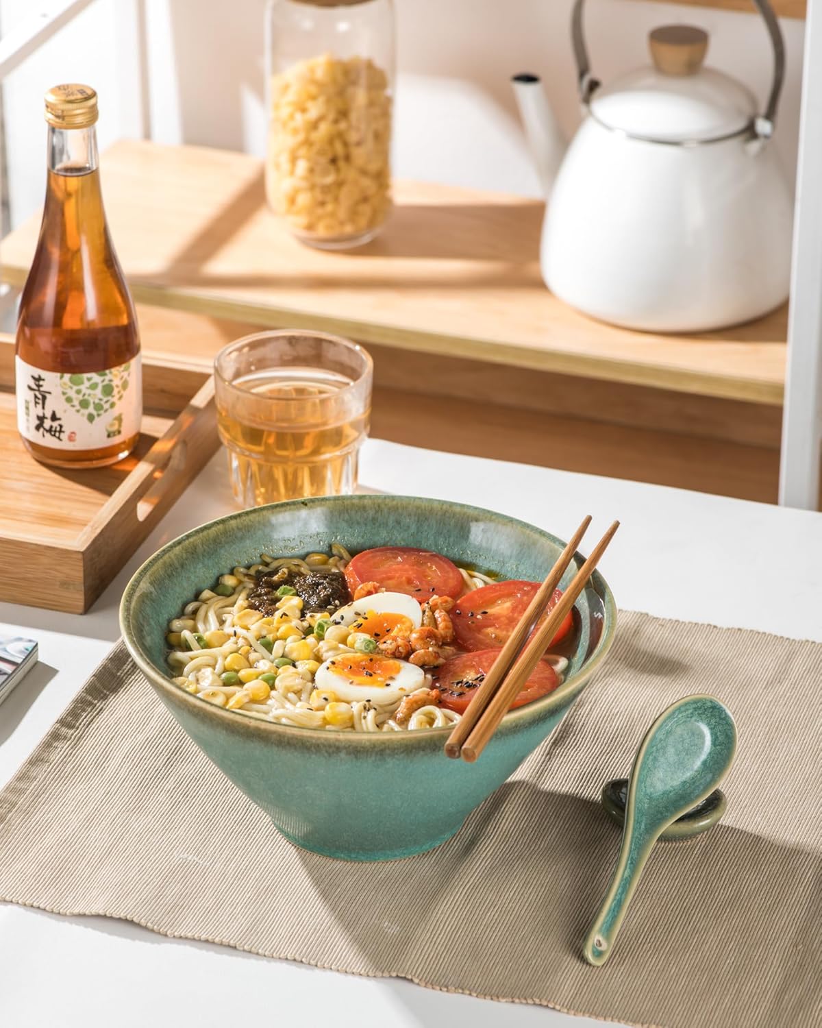 Large Salad Soup Ramen Serving Bowls, 71 OZ Ceramic Japanese Ramen Noodle Bowls with Chopsticks, Spoons and Rests - Super Big Bowl Sets for Udon, Pho, Pasta, Cereal, Set of 2 - Reactive Green