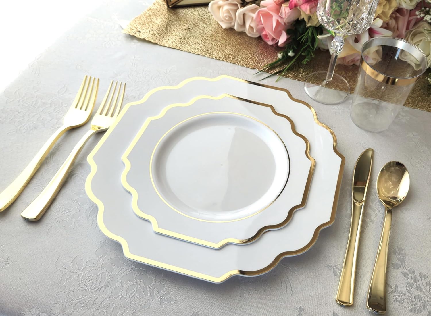 " OCCASIONS " 150 Piece set (25 Guests)-Wedding Plastic Plates & cutlery -Disposable heavyweight Dinnerware 10.5'', 8'' + Silverware w/double fork (Imperial White & Gold)
