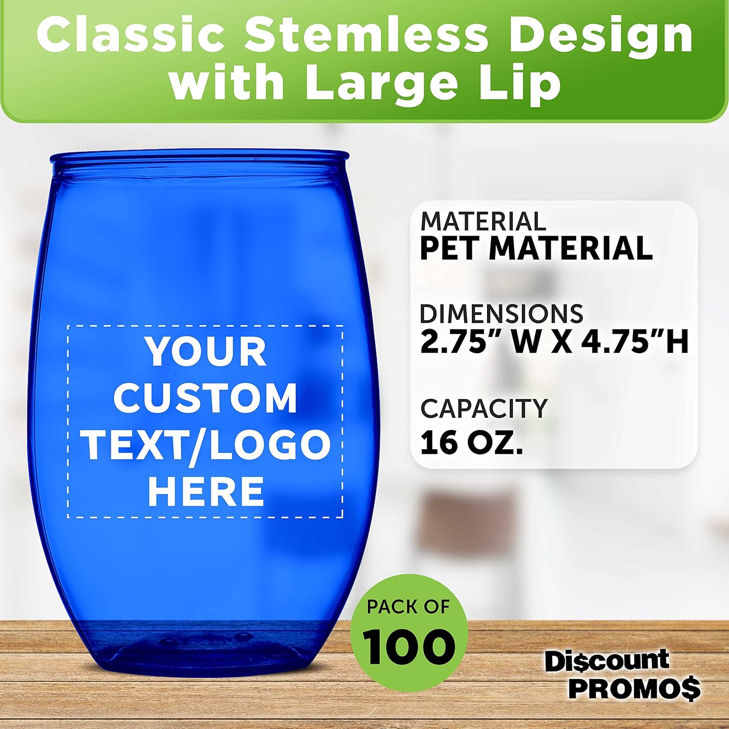 Custom Plastic Stemless Wine Glasses 16 oz. Set of 100, Personalized Bulk Pack - BPA Free, Great for Outdoor Lounges, Poolside, Parties and Other Events - Blue