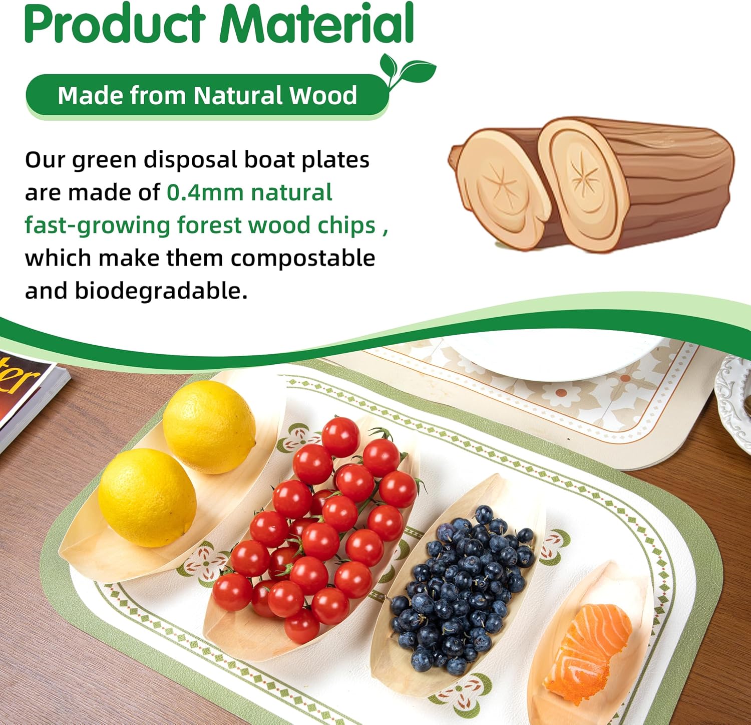 100-Pack Wooden Disposable Plates 6 IN Boat Plates Food Trays Disposable Dessert Plates Disposable Food Boats for Party Weddings Picnic (Actual Size Used: 3.39" D x 1.97" W x 0.63" H)
