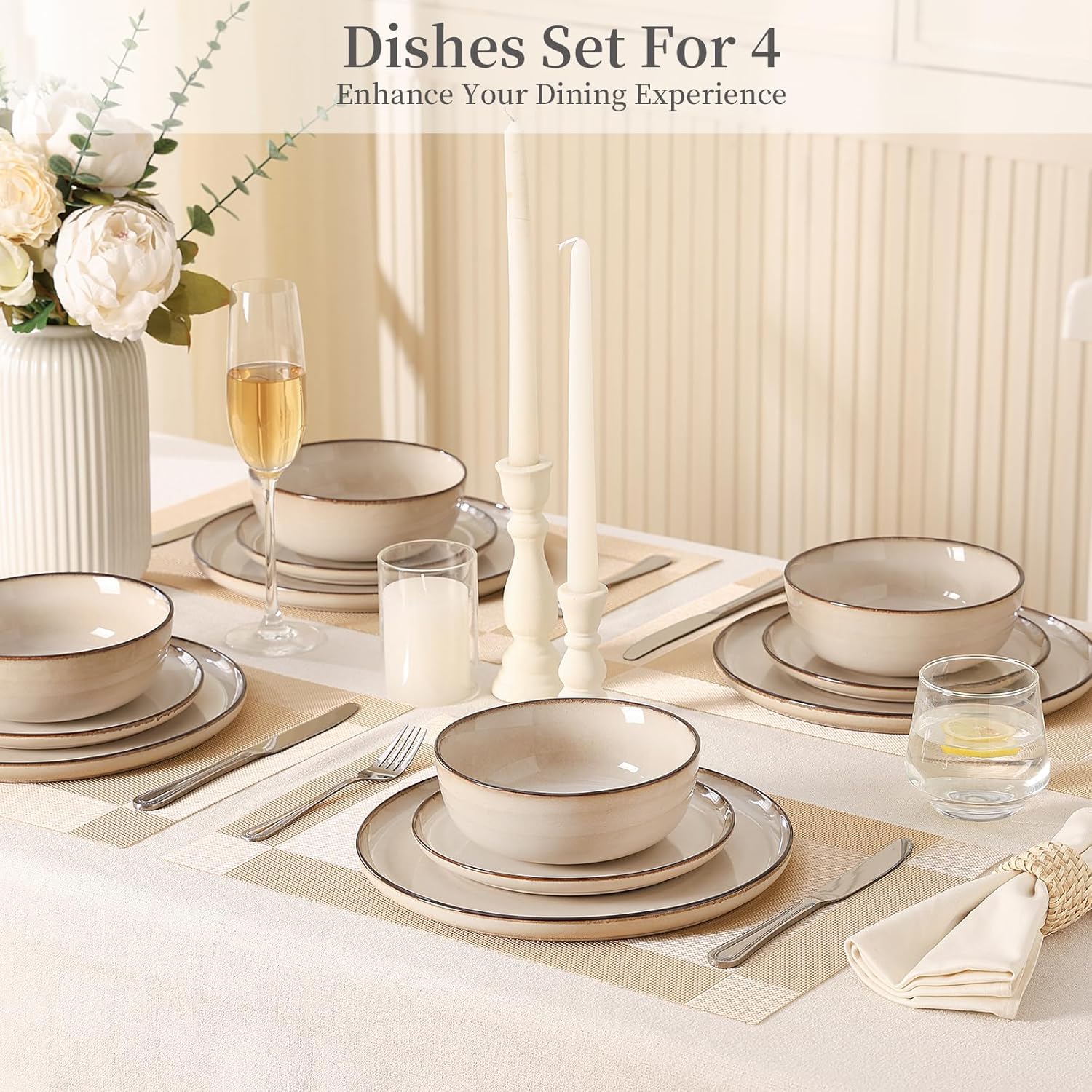 Ceramic Plates and Bowls Sets: 12 Piece Porcelain Dinnerware Sets, Stoneware Kitchen Dishes Set for 4, Scratch Resistant Plate Set, Microwave Dishwasher Oven Safe, Reactive Glaze (Beige)