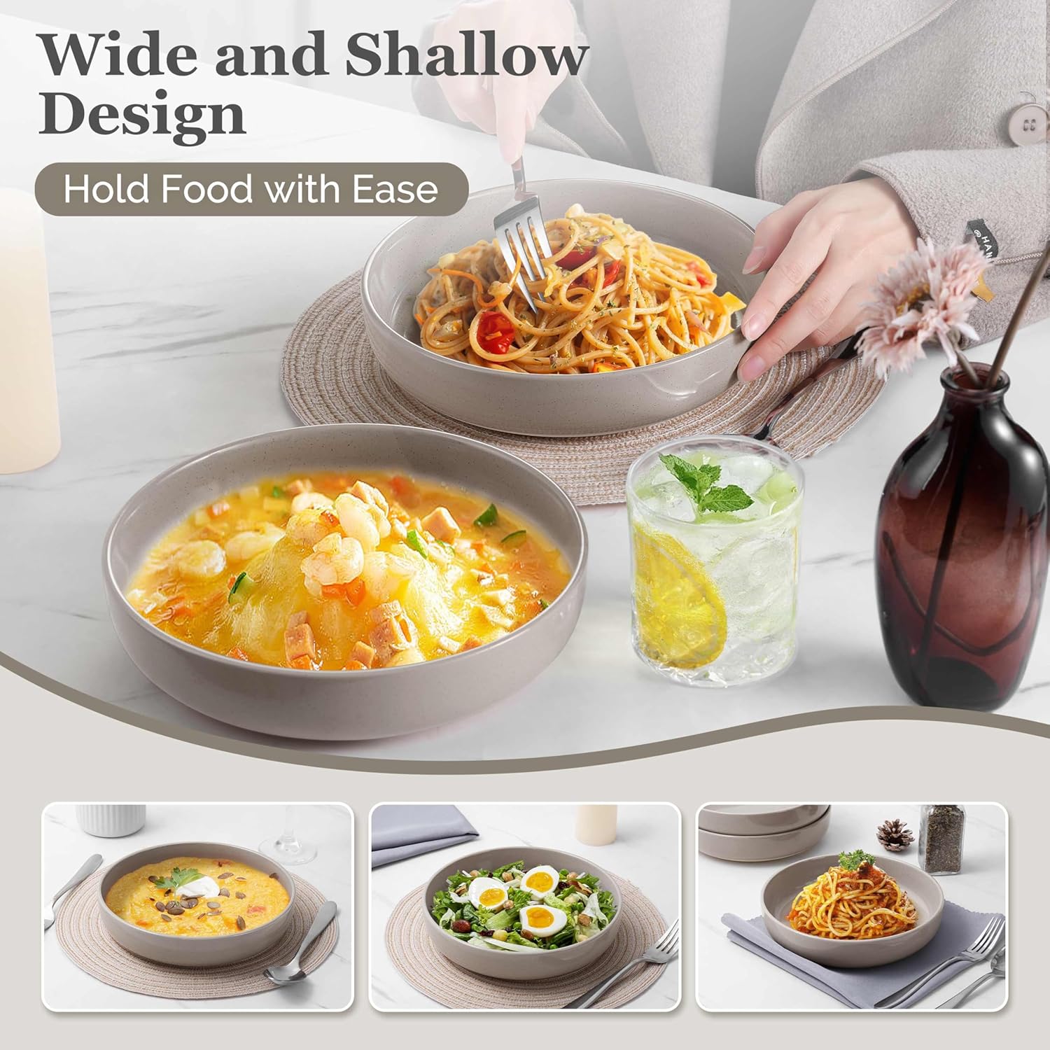 HaWare Pasta Bowls Set of 4, 33oz Large Salad Bowls for Home Kitchen, Ceramic Serving Plates for Soup, Cereal, Scratch-resistant Wide and Shallow Dinner Bowl, Microwave & Dishwasher Safe, Cream Coffee