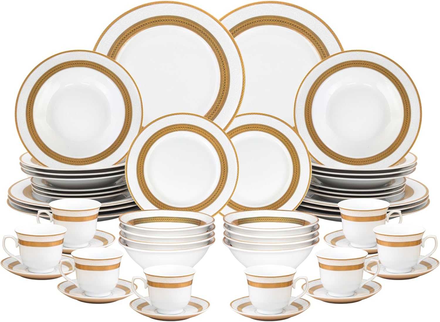 48 Piece Gorgeous Dinnerware Sets for 8 – Porcelain Plates, Cups, Saucers and Bowls – Elegant Rope Gold Design Dishware – Dish Set for Kitchen Table, Formal Dining or Everyday Use (Rope Gold)