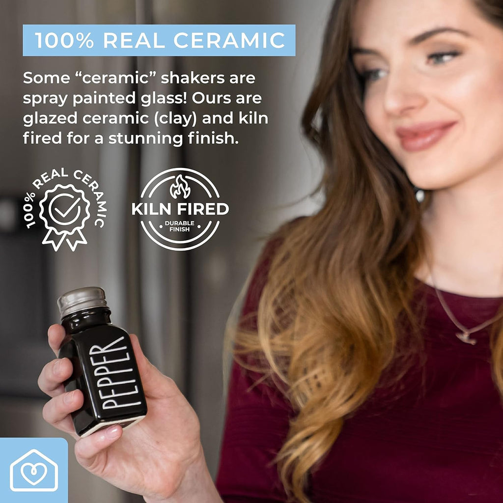 Heartland Home Farmhouse Ceramic Salt and Pepper Shakers Set with Extra Lids. 100% Stoneware Salt and Pepper Shaker Set. Black Pepper and White Salt Shaker with Lid x4. Kitchen Salt Pepper Shakers