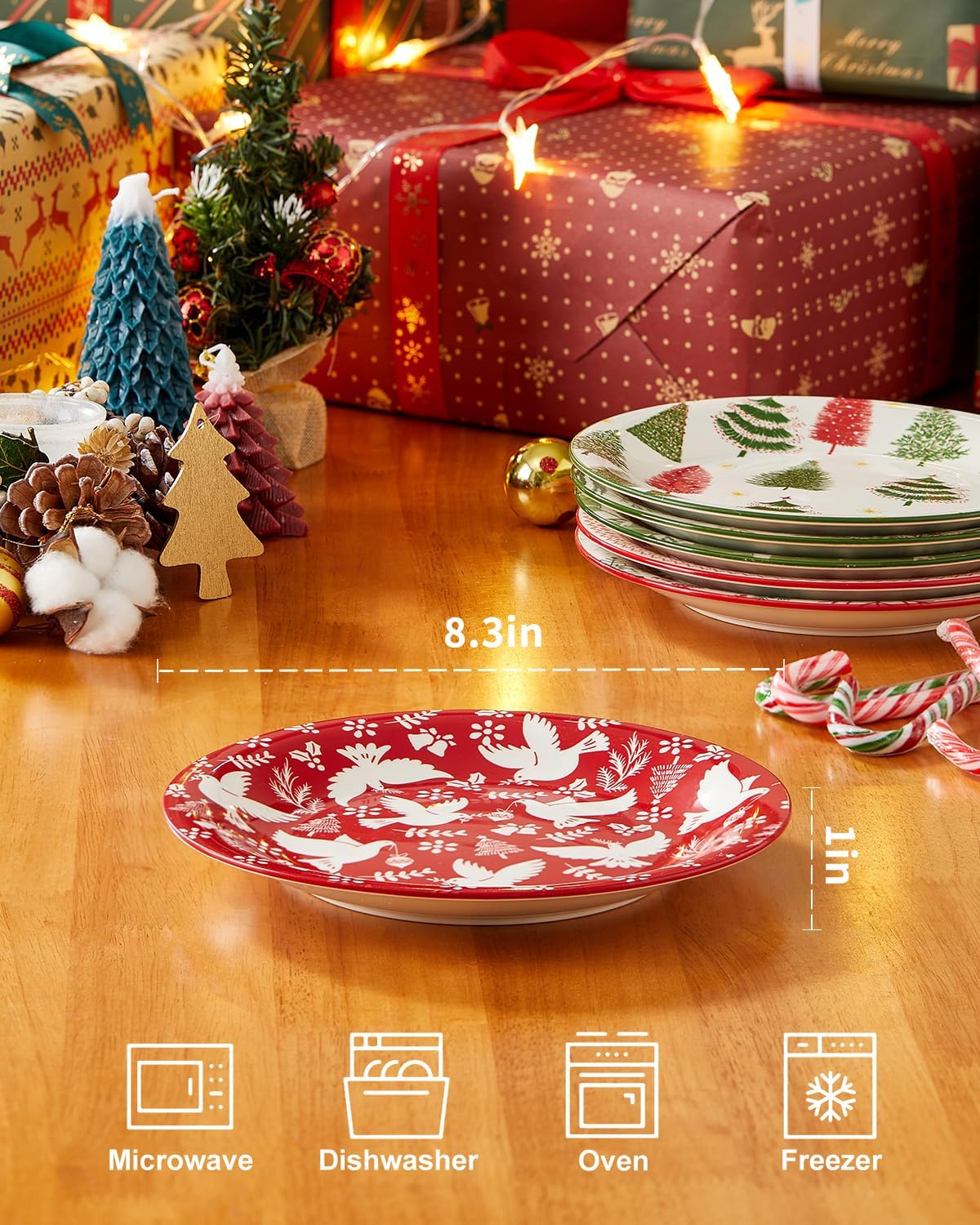 Christmas Salad Plates, 8 Inch Ceramic Dessert Plate Set, Appetizer Plates for Pasta, Side Dishes, Holiday Treats, Dishwasher & Microwave Safe, Set of 6