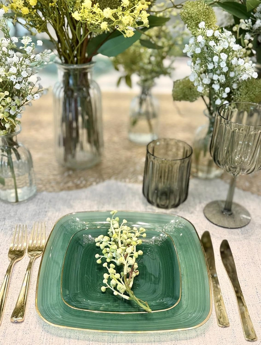 " OCCASIONS " 120 Pieces Pack,(60 Guests) Premium Wedding Party Disposable Plastic Plates Set -60 x 10'' Dinner + 60 x 7'' Salad/Dessert (Belize Square in Green & Gold)