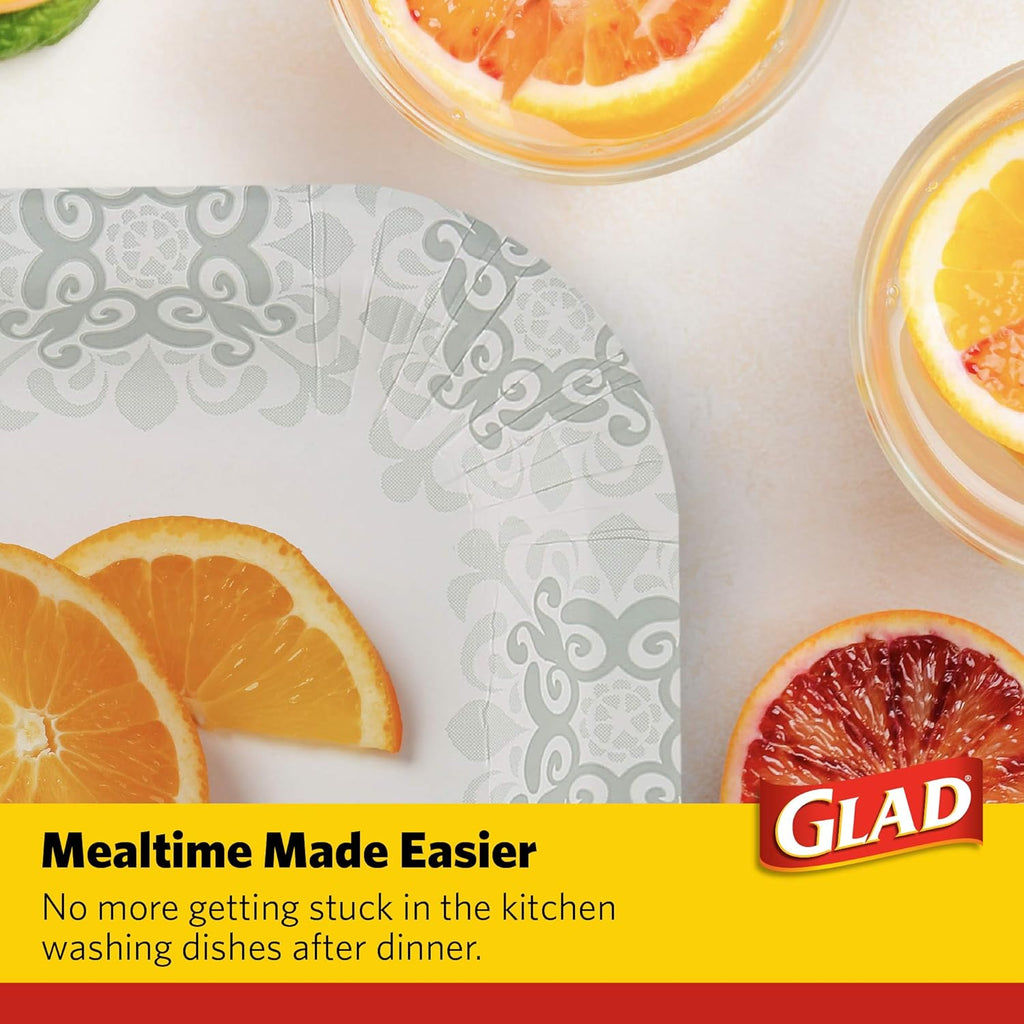 Glad Square Disposable Paper Plates, Grey Victorian Pattern - Strong, Sturdy, Soak Proof, and Microwavable Decorative Plates for Dinner and Everyday Use, 7 Inch, 50 Count