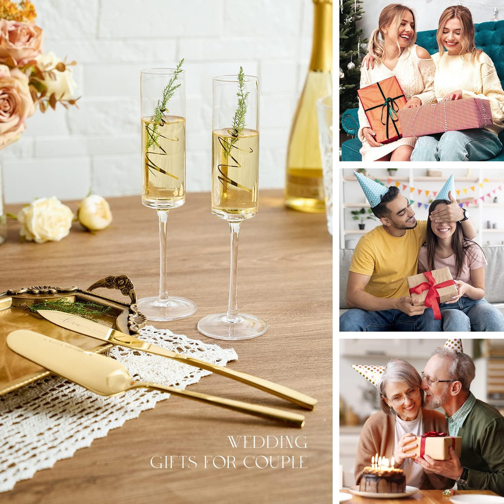 AW BRIDAL Engagement Bridal Shower Wedding Gifts for Couple Newlyweds, Anniversary Mr Mrs Champagne Flutes Toasting Glasses Set of 2, Wedding Gold Cake Cutting Set with Wooden Box for Bride Groom
