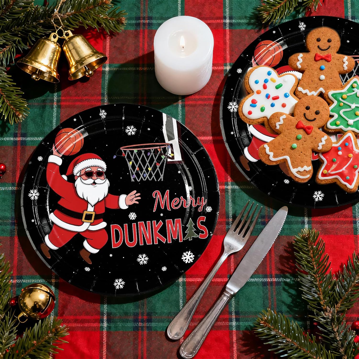 50Pcs Christmas Basketball Paper Plates 9''Heavy Duty Merry Dunkmas Santa Claus Basketball Disposable Plates Christmas Ugly Dessert Plate for Funny Xmas Holiday Basketball Fans Party Decorations