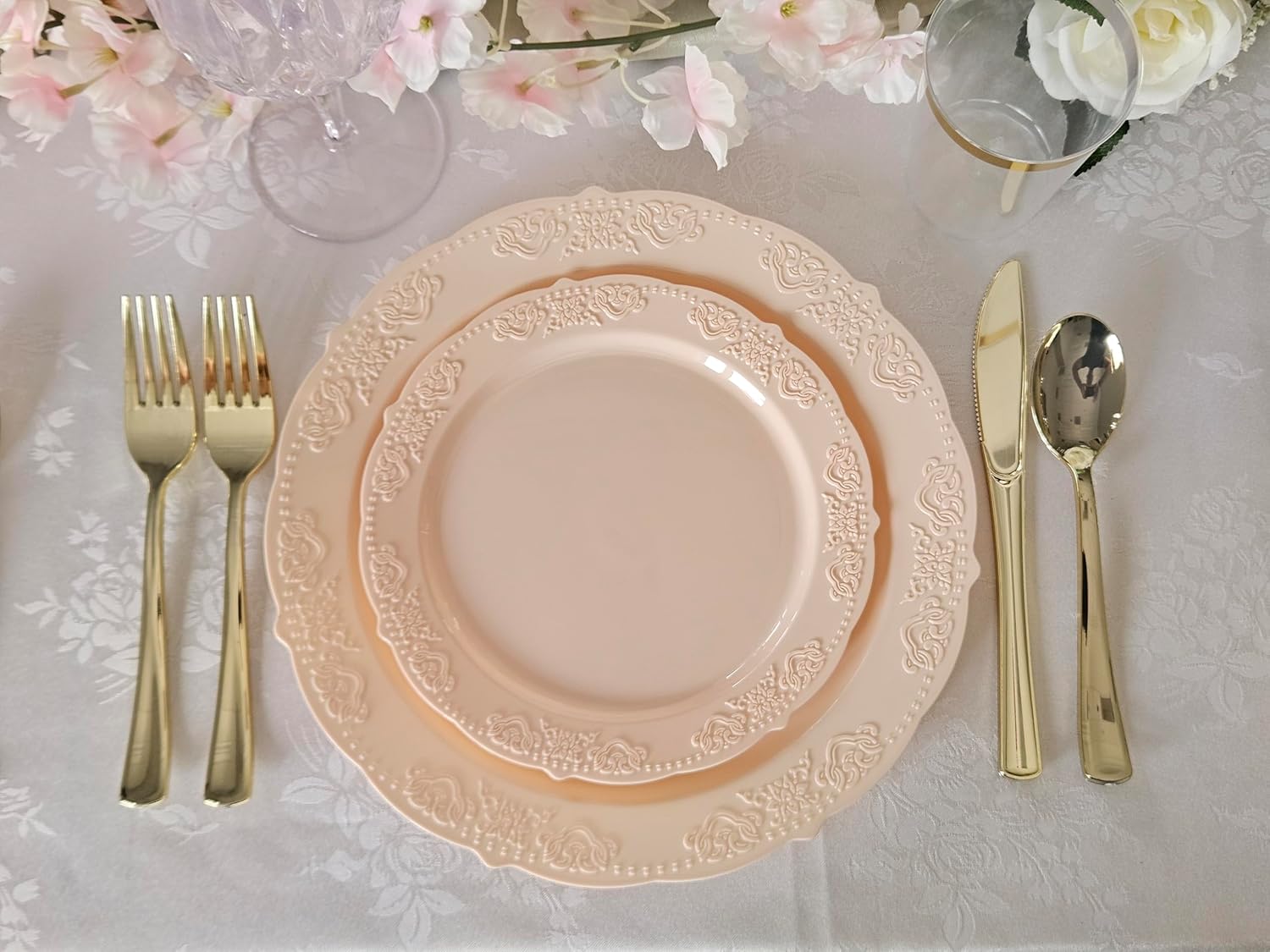 " OCCASIONS " 240 Plates Pack,(120 Guests) Vintage Wedding Party Disposable Plastic Plates Set-120x10.25'' Dinner +120x7.5'' Salad/Dessert Plate (Portofino in Blush/Antique Rose)