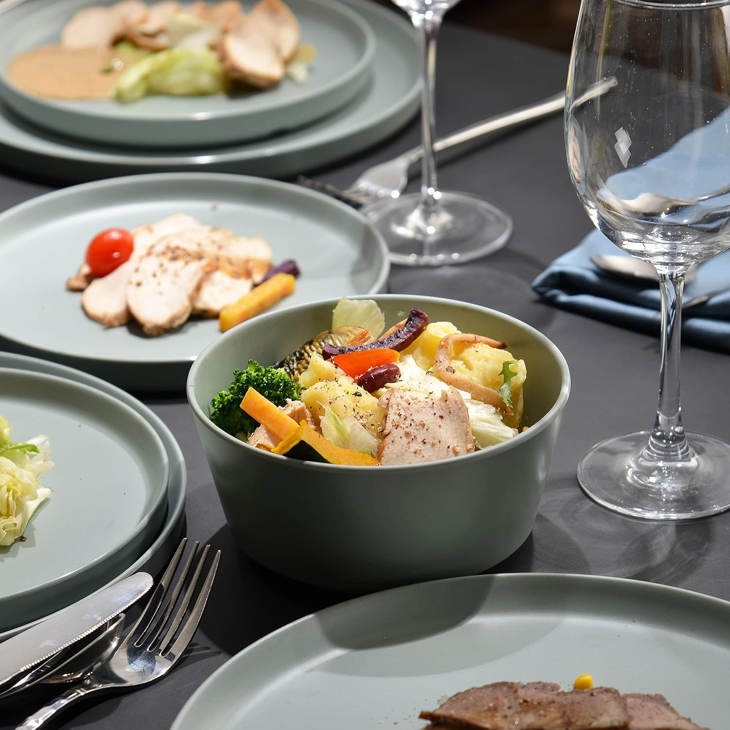 FINE&NICE 12Pcs Melamine Dinnerware Sets, Plates and Bowls Sets for 4, Unbreakable and Lightweight Dishes Set for Indoor and Outdoor Use, BPA Free, Dishwasher Safe (Sage Green)