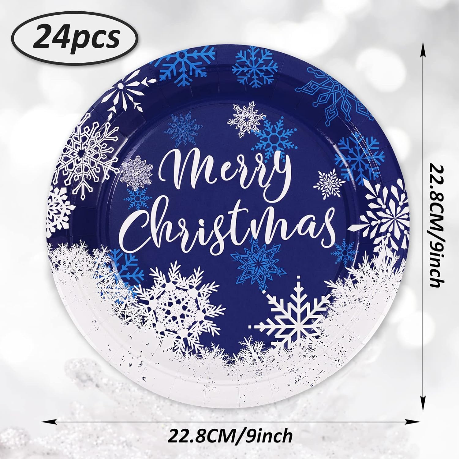 Whaline Christmas Paper Plates White Blue Snowflake Round Disposable Plates 9 Inch Merry Christmas Decorative Tableware for Christmas Winter Holiday Dinner Birthday Party Supplies, 24Pcs