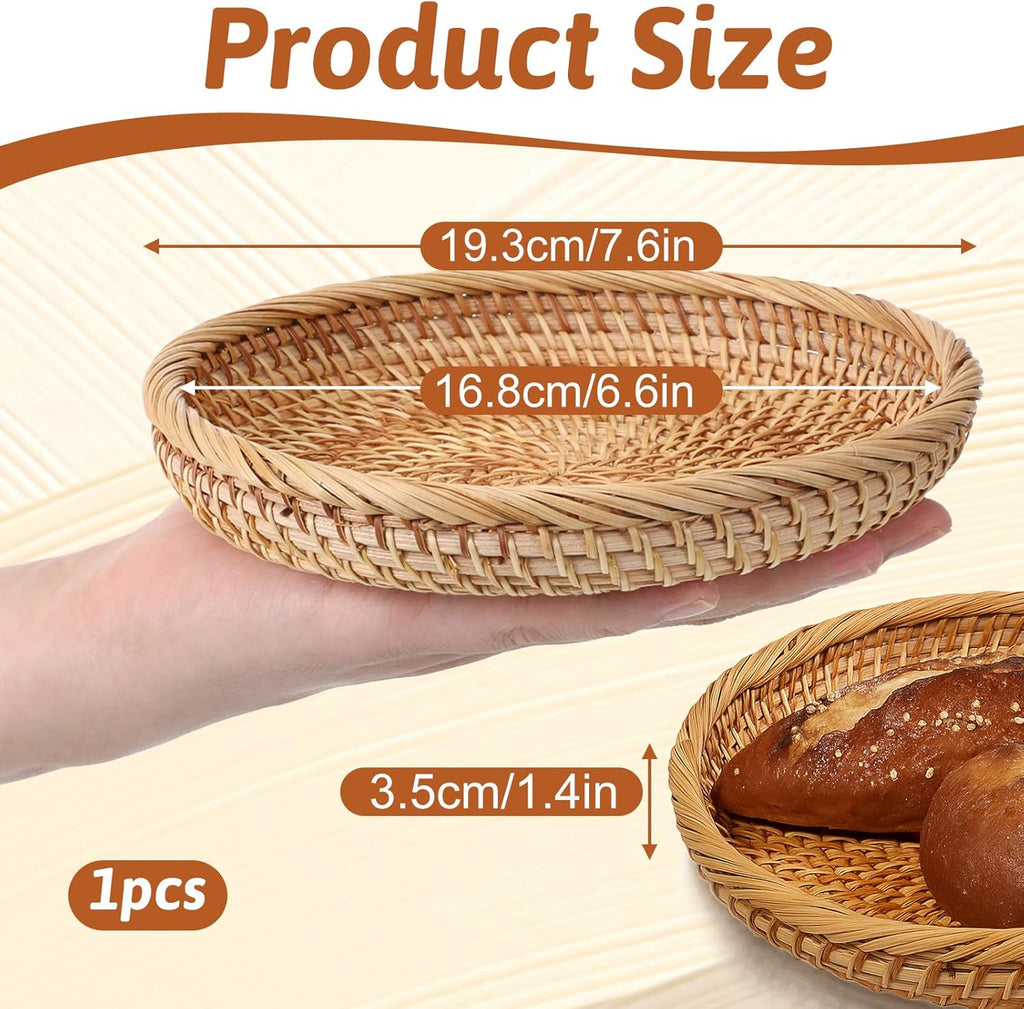 Rattan Bread Baskets Woven Fruit Bowls, 7.5" Round Natural Woven Wicker Basket Picnic Snack Vegetable Bowls Wicker Trays Candy Bowl for Office Kitchen Keys Entryway Organization Handwoven Decor