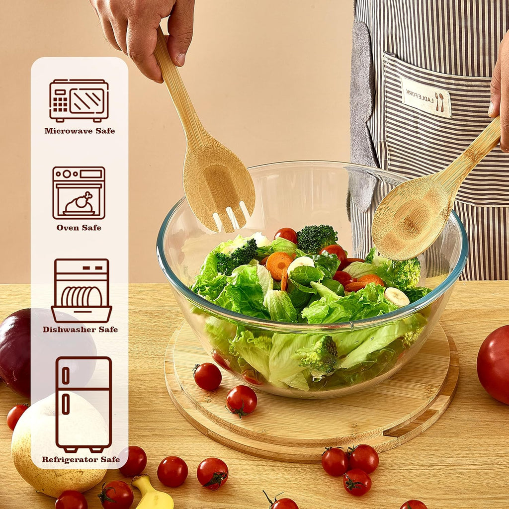 Glass Salad Bowl With Lid, 4.7 Quart Large Serving Bowl Thick Glass Fruit Bowls With Bamboo Utensils, 10.7Inch Trifle Bowl for Salad, Pasta, Dessert Display Cake, Microwave Safe