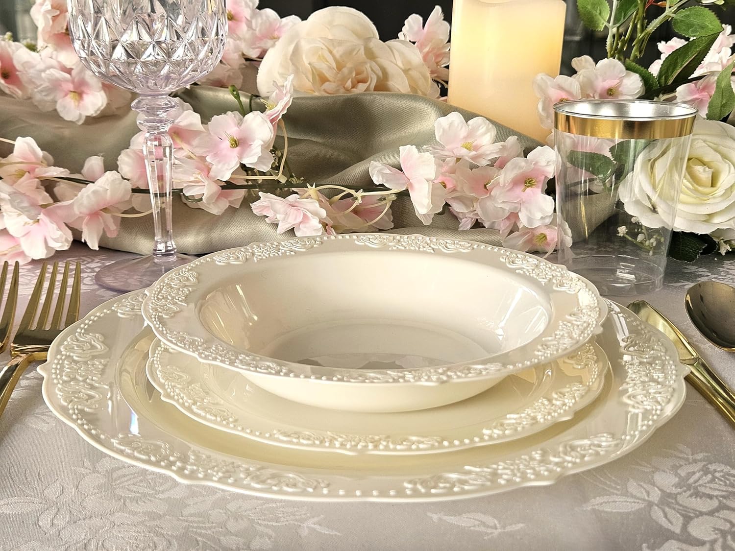 " OCCASIONS " 50 Plates Pack (25 Guests) Vintage Wedding Party Disposable Plastic Plate Set -25x10.25'' Dinner +25x7.5'' Salad/Dessert plates (Portofino Light Pink & Gold Accents)