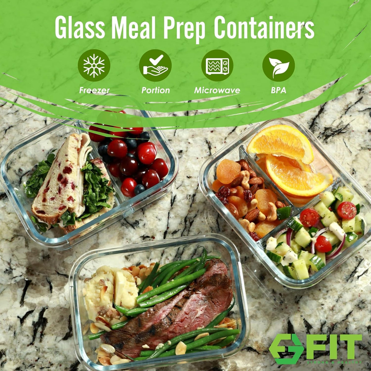 FIT Strong & Healthy Glass Meal Prep Containers with Lids, 1 & 2 & 3 C ...