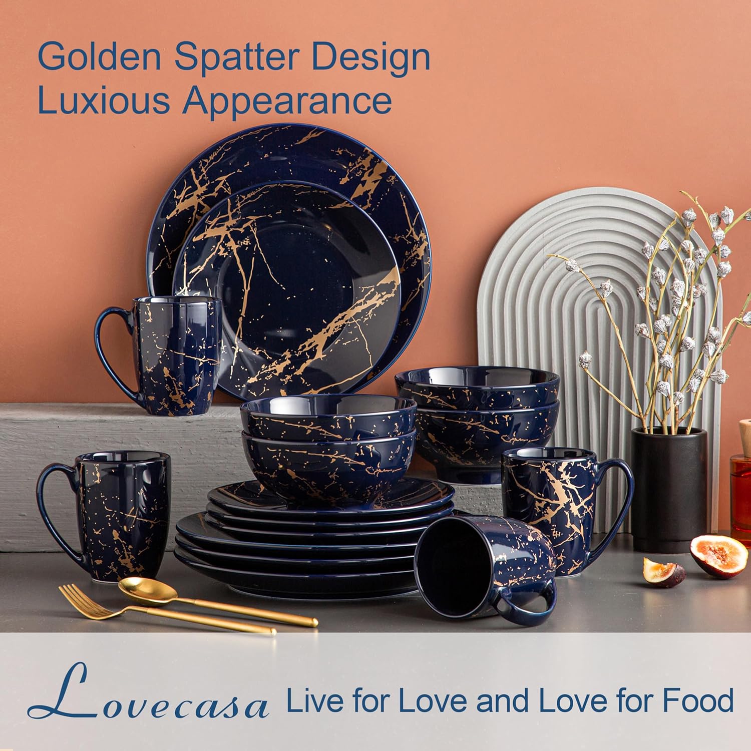 LOVECASA Porcelain Dinnerware Sets for 4, 16 PCS Plates and Bowls Set, Color Glaze with Gold Plate Dish Set, Dinner Sets with Dinner Plates, Dessert Plate, Bowls and Mugs, Dark Blue
